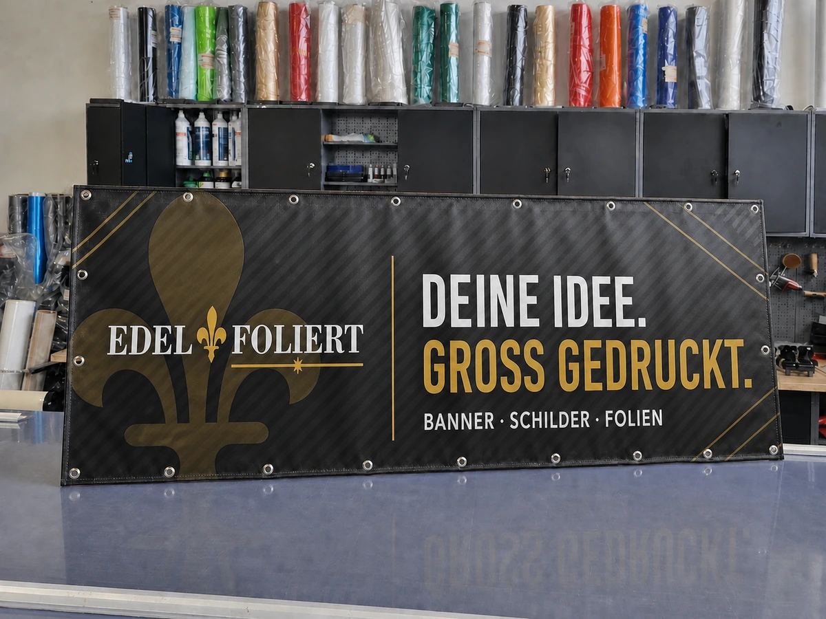 Fertig konfektioniertes Werbebanner auf dem Schneidetisch in der Werkstatt von Edelfoliert Limburg