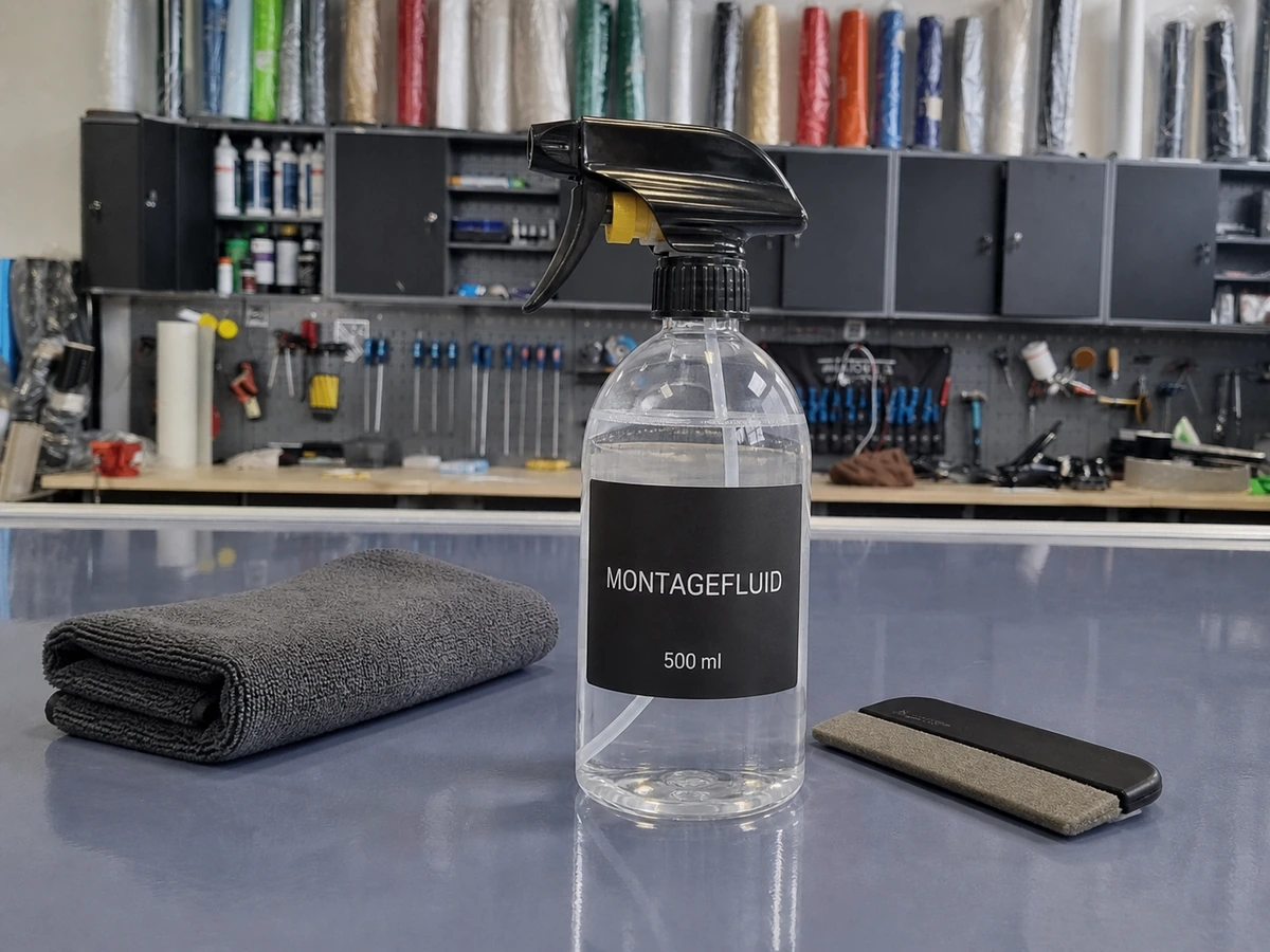 Montagefluid 500 ml mit Tuch und Rakel auf dem Schneidetisch in der Edelfoliert Werkstatt