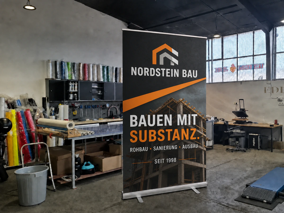 Aufgestelltes Roll-up mit vollflächiger Nordstein-Bau-Werbung in der Edelfoliert Werkstatthalle