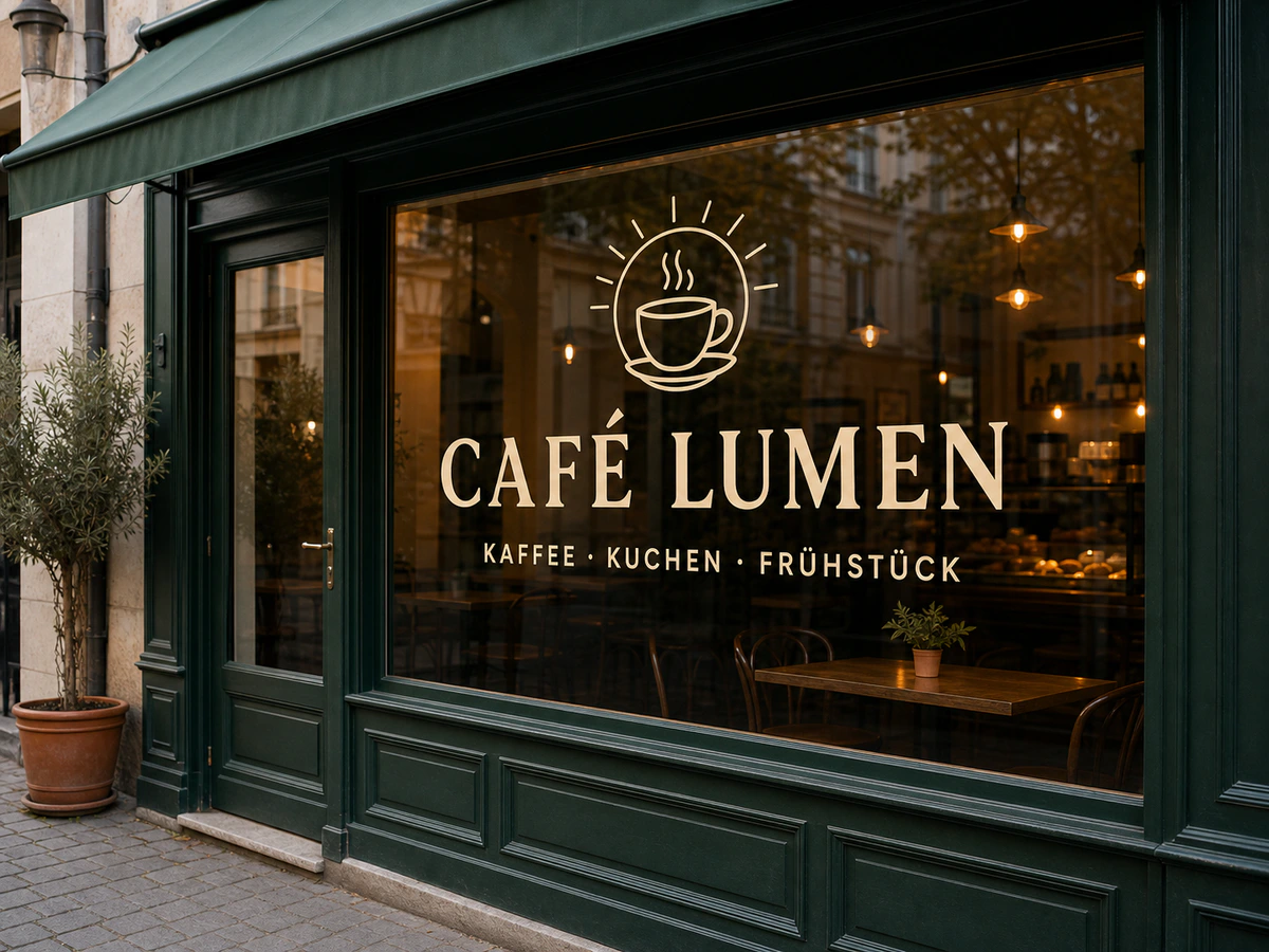 Geplotteter Café-Schriftzug CAFÉ LUMEN mit Logo direkt auf einer Schaufensterscheibe