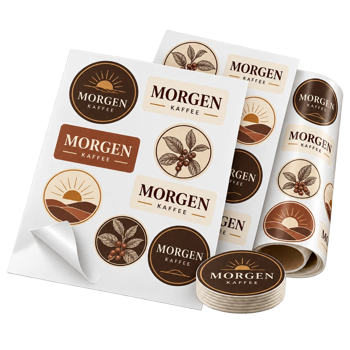 Aufkleberbögen mit illustrierten Kaffeeetiketten für MORGEN in Braun, Ocker und Creme