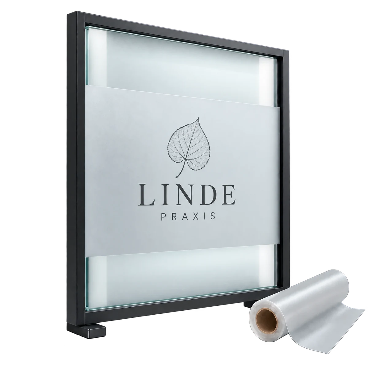 Glaspaneel mit matter Sichtschutzfolie und mittigem botanischem Logo für die Praxis LINDE