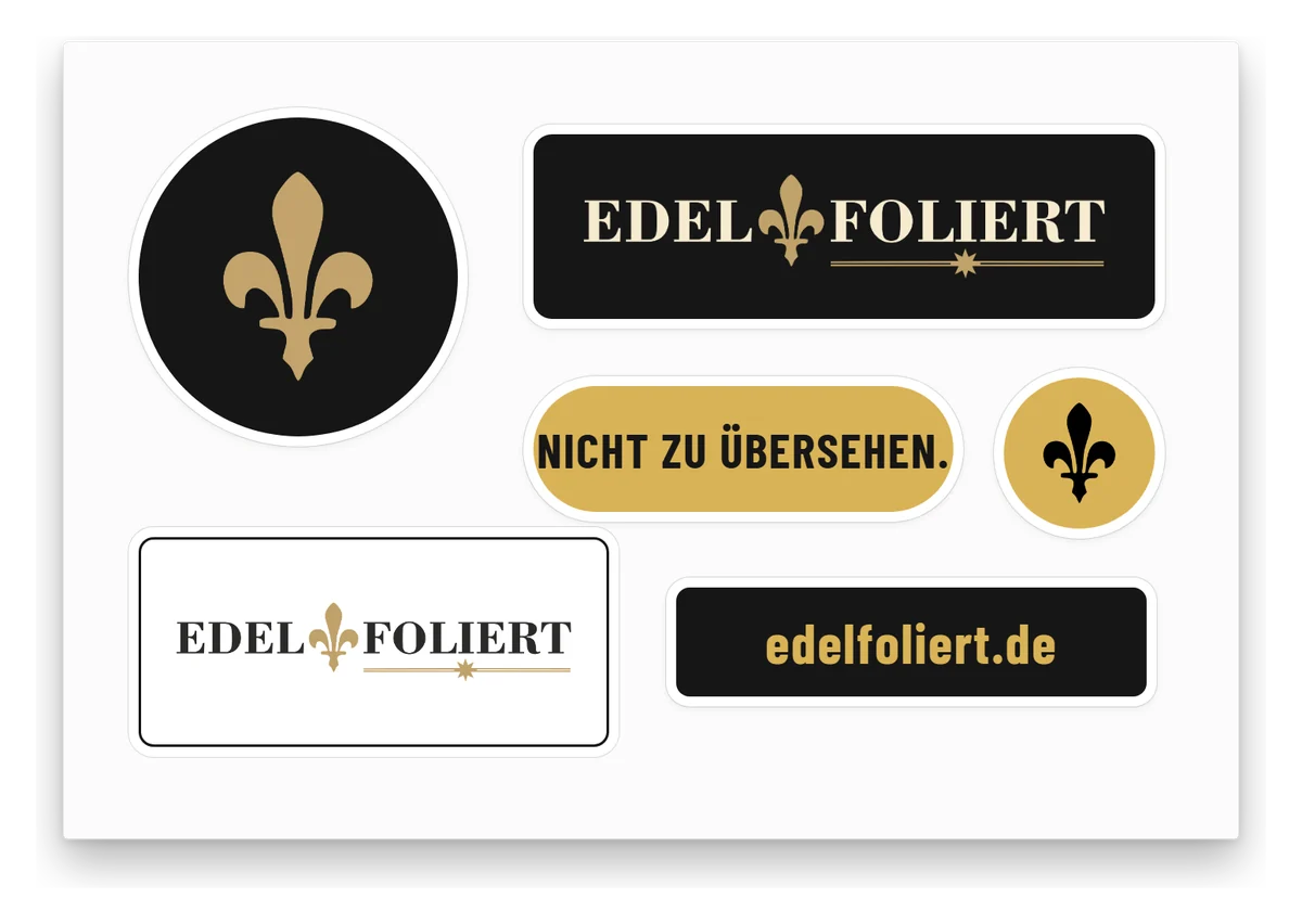 Konturgeschnittene Aufkleber auf Bögen und Musterplatte in der Edelfoliert Werkstatt