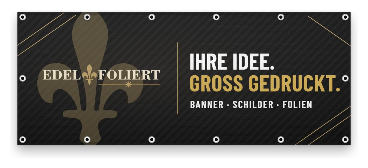 Fertig konfektioniertes Werbebanner auf dem Schneidetisch in der Werkstatt von Edelfoliert Limburg