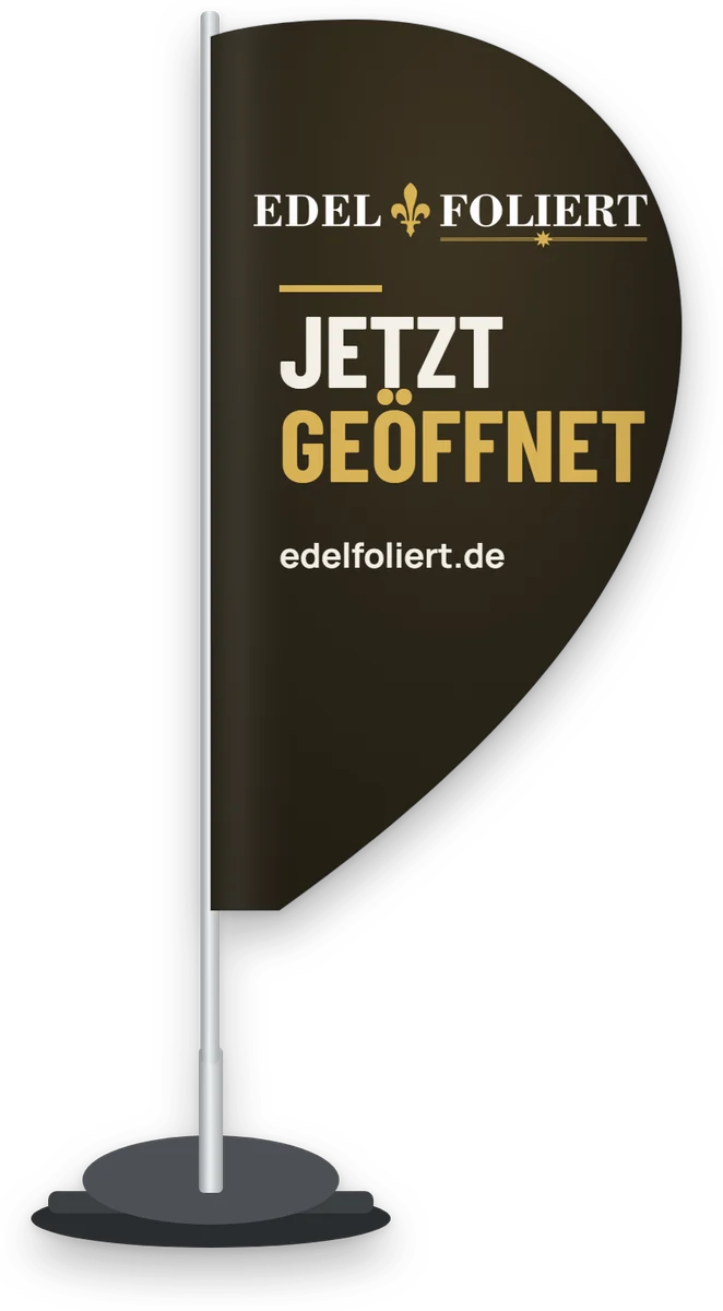 Beachflag in Tropfenform mit goldenem Edelfoliert-Motiv an Mast und Kreuzfuß