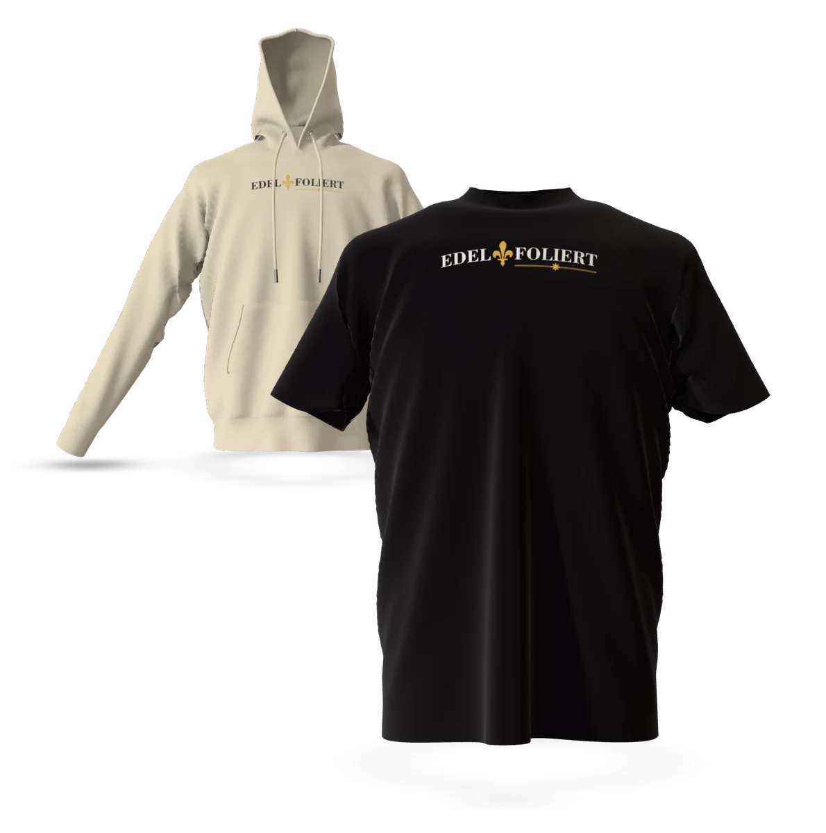 Schwarzes T-Shirt mit Edelfoliert-Logo auf der Brust, frontal im 3D-Textilstudio